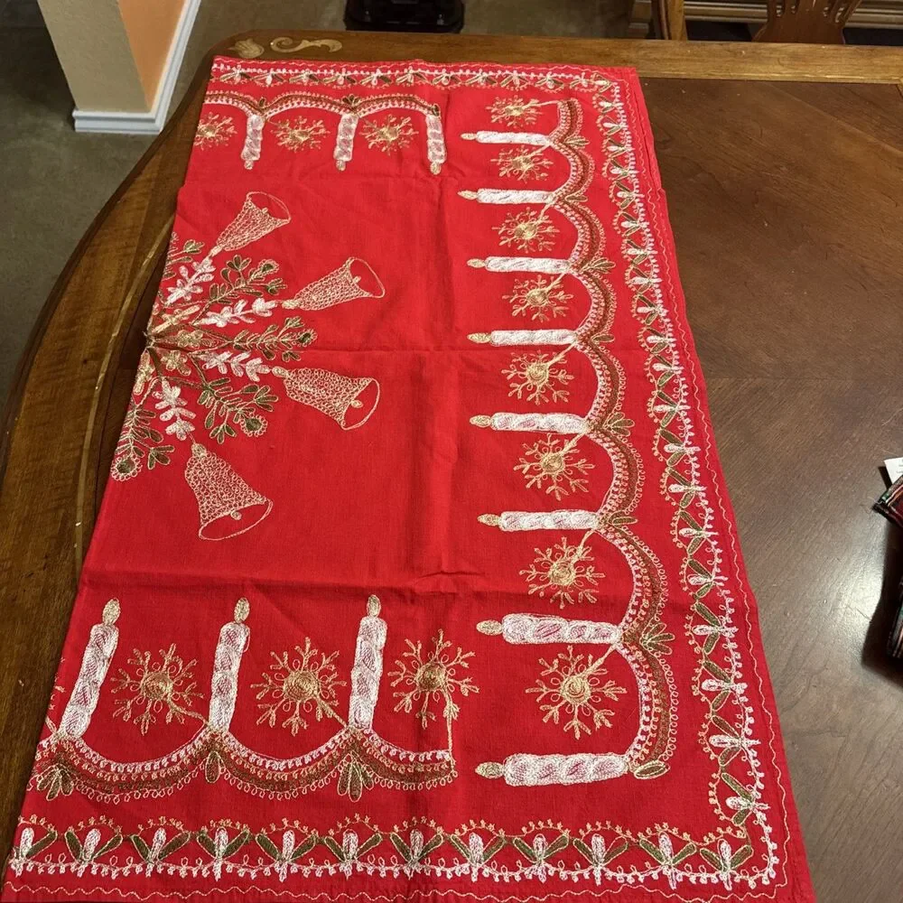Holiday tablecloth, red gold metallic, 39”X 35”